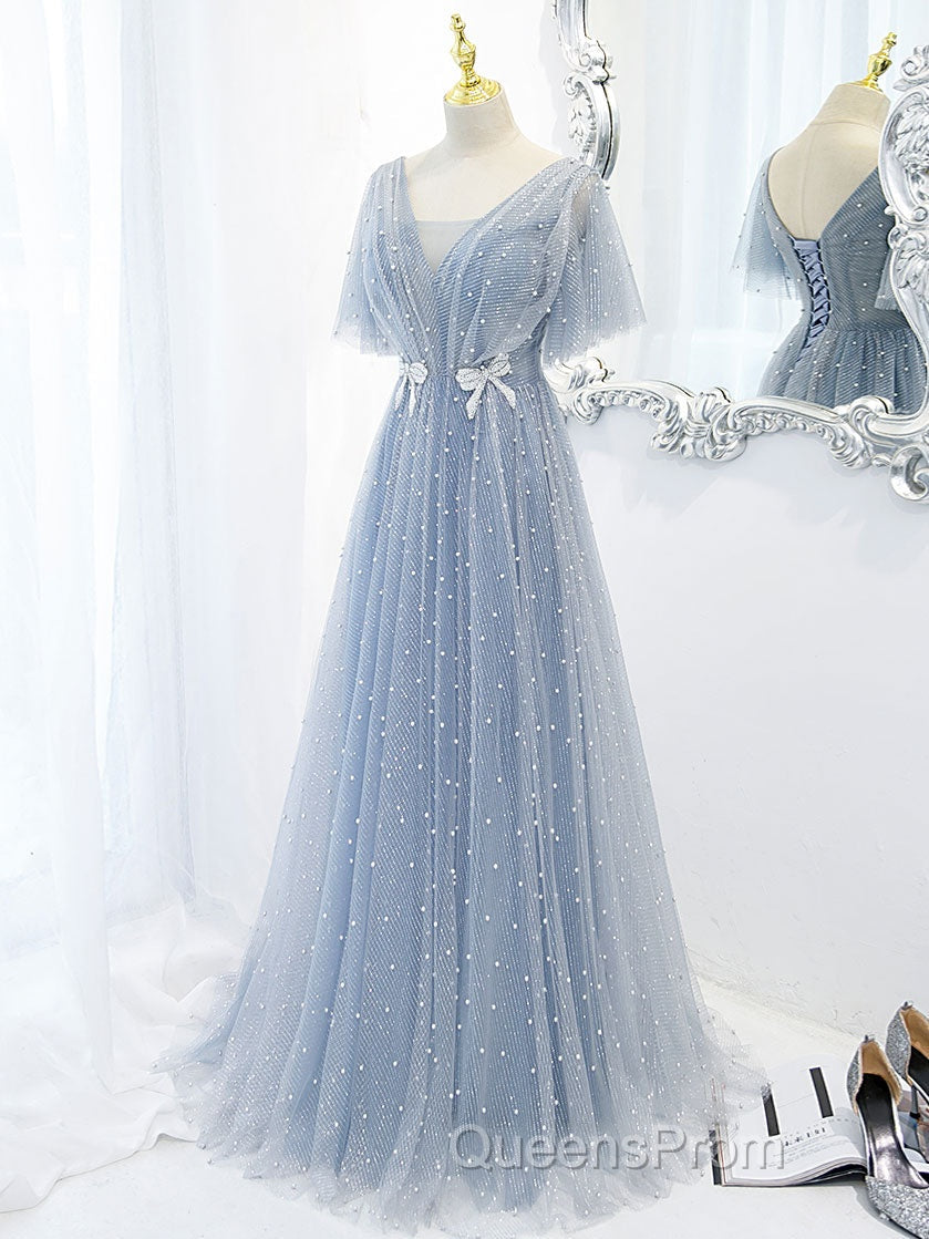 Blue v neck tulle beads long Evening Prom Dress, blue tulle formal Dress Secondary image