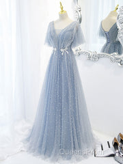 Blue v neck tulle beads long Evening Prom Dress, blue tulle formal Dress