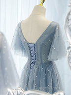 Blue v neck tulle beads long Evening Prom Dress, blue tulle formal Dress