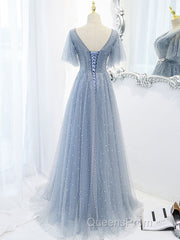 Blue v neck tulle beads long Evening Prom Dress, blue tulle formal Dress