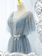 Blue v neck tulle beads long Evening Prom Dress, blue tulle formal Dress