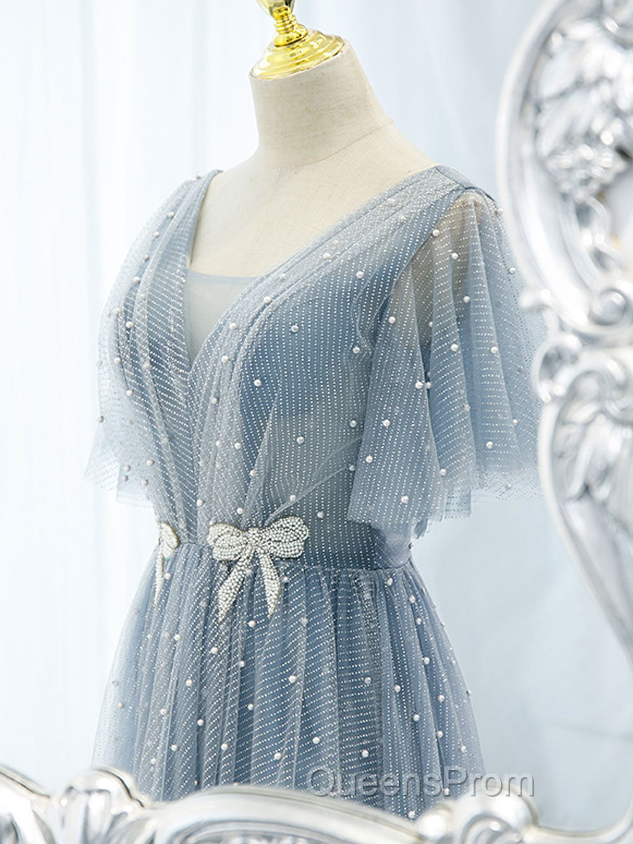 Blue v neck tulle beads long Evening Prom Dress, blue tulle formal Dress