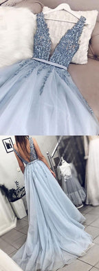 Blue V Neck Tulle Beads Long Classy Prom Dress, Classy Evening Dress