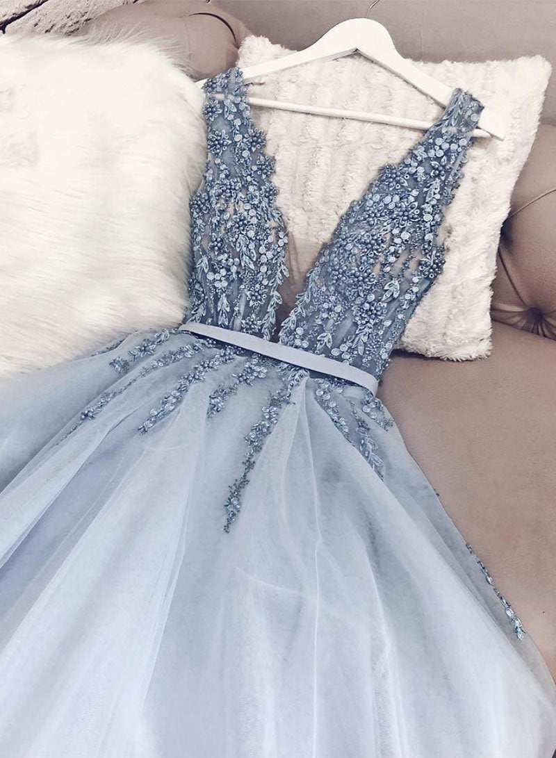 Blue V Neck Tulle Beads Long Classy Prom Dress, Classy Evening Dress