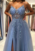Blue V-Neck Tulle Beading Long Classy Prom Dress, Blue Graduation Dress