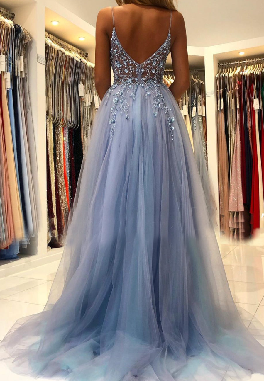 Blue V-Neck Tulle Beading Long Classy Prom Dress, Blue Graduation Dress