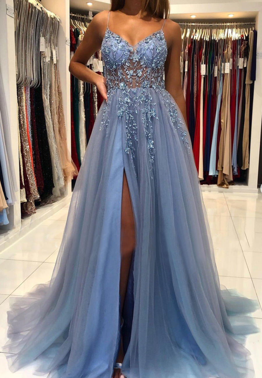 Blue V-Neck Tulle Beading Long Classy Prom Dress, Blue Graduation Dress Main image