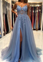 Blue V-Neck Tulle Beading Long Classy Prom Dress, Blue Graduation Dress