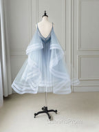 Blue V Neck Tulle Beads Short Evening Prom Dress, Blue Tulle Evening Dress