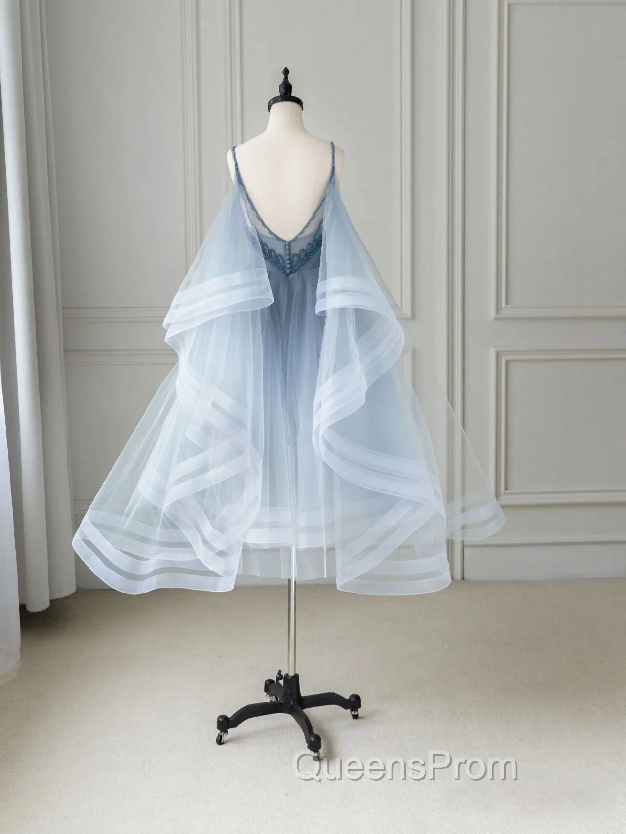 Blue V Neck Tulle Beads Short Evening Prom Dress, Blue Tulle Evening Dress