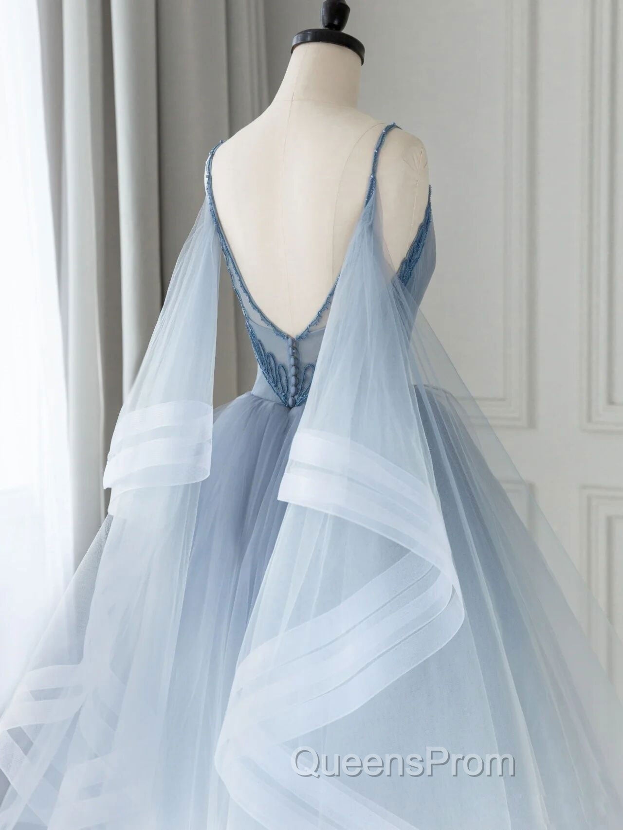 Blue V Neck Tulle Beads Short Evening Prom Dress, Blue Tulle Evening Dress