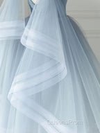 Blue V Neck Tulle Beads Short Evening Prom Dress, Blue Tulle Evening Dress