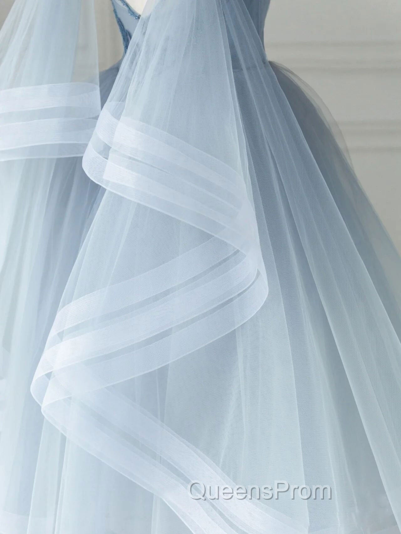 Blue V Neck Tulle Beads Short Evening Prom Dress, Blue Tulle Evening Dress