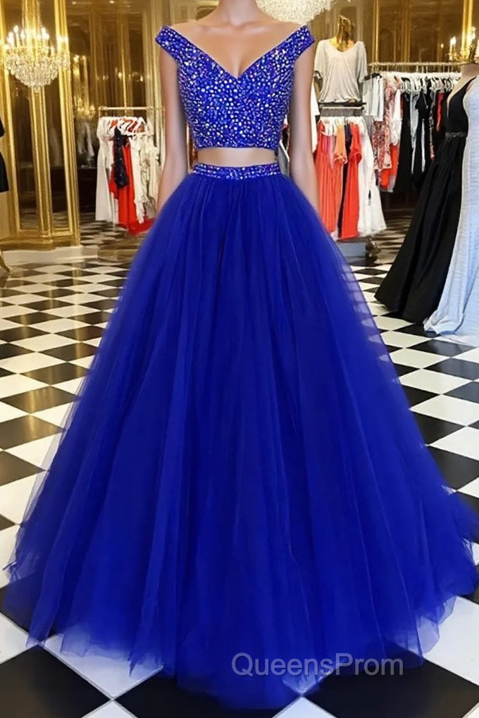 Blue v neck tulle beads two pieces long Evening Prom Dress, blue evening Dress Main image