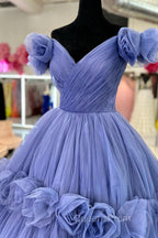 Blue V-neck Tulle Evening Dress with Flowers, Blue Evening Dress Sweet 16 Dress