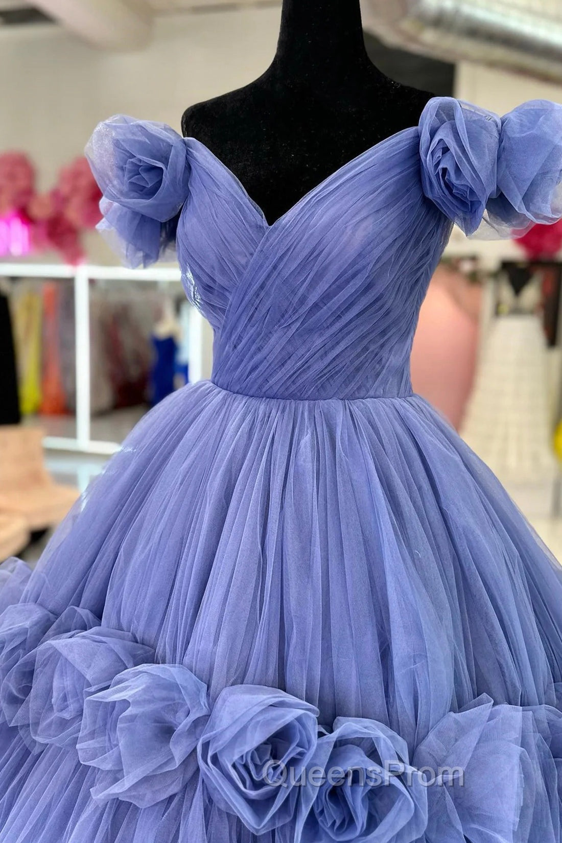 Blue V-neck Tulle Evening Dress with Flowers, Blue Evening Dress Sweet 16 Dress