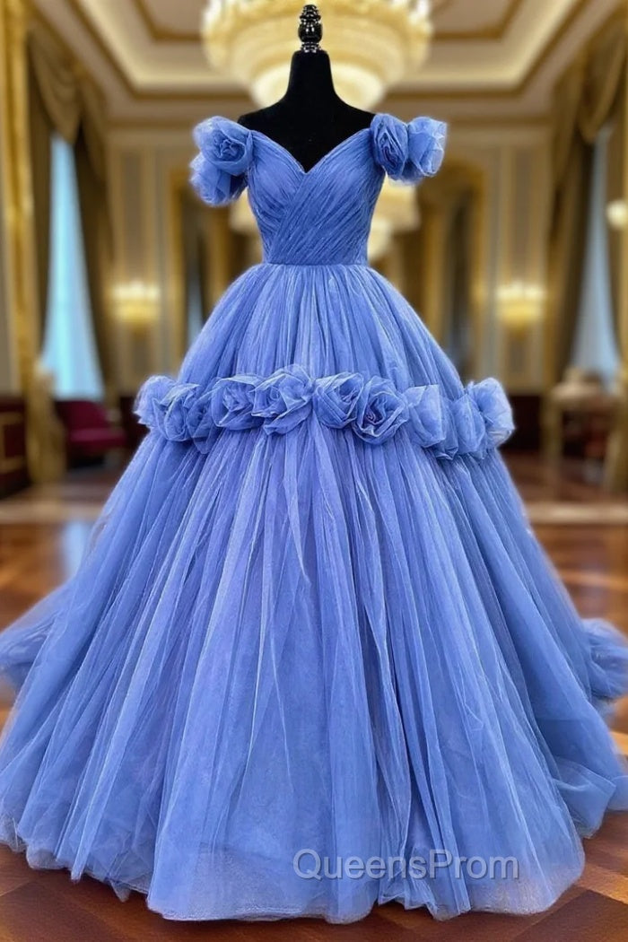 Blue V-neck Tulle Evening Dress with Flowers, Blue Evening Dress Sweet 16 Dress