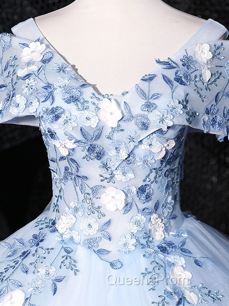 Blue V Neck Tulle Lace Long Evening Prom Dress. Blue Sweet 16 Dress Secondary image