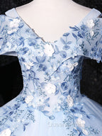 Blue V Neck Tulle Lace Long Evening Prom Dress. Blue Sweet 16 Dress