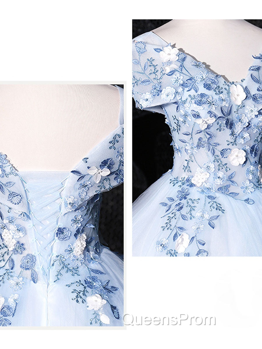 Blue V Neck Tulle Lace Long Evening Prom Dress. Blue Sweet 16 Dress