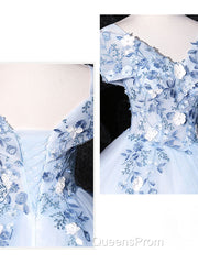 Blue V Neck Tulle Lace Long Evening Prom Dress. Blue Sweet 16 Dress