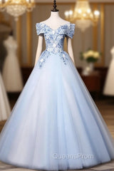 Blue V Neck Tulle Lace Long Evening Prom Dress. Blue Sweet 16 Dress