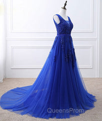 Blue V Neck Tulle Lace Long Evening Prom Dress, Blue Evening Dress