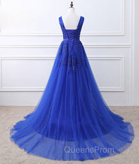 Blue V Neck Tulle Lace Long Evening Prom Dress, Blue Evening Dress