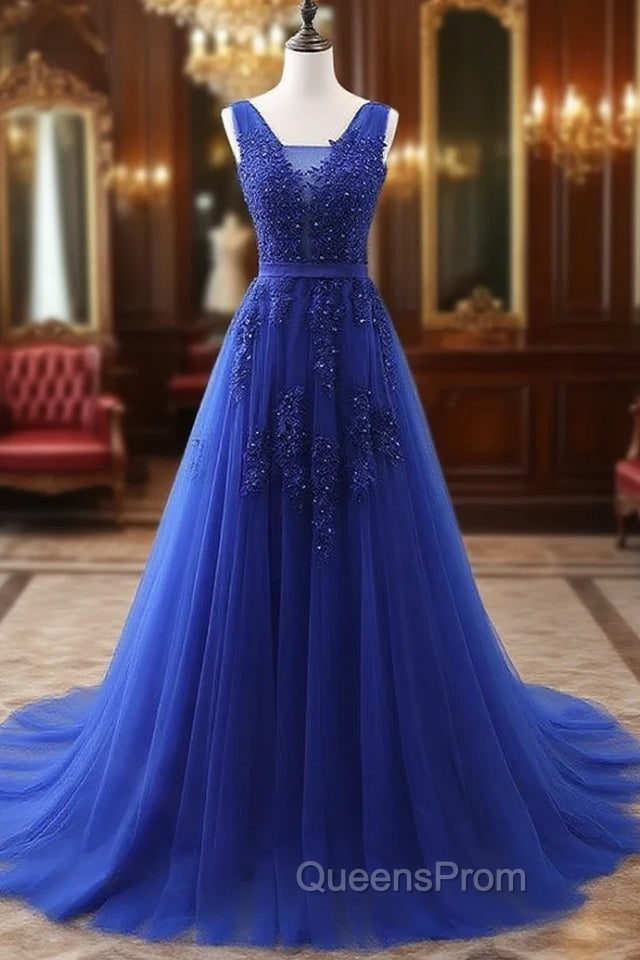 Blue V Neck Tulle Lace Long Evening Prom Dress, Blue Evening Dress Main image