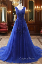 Blue V Neck Tulle Lace Long Evening Prom Dress, Blue Evening Dress