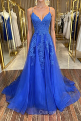 Blue v neck tulle lace long Evening Prom Dress, blue lace bridesmaid Dress