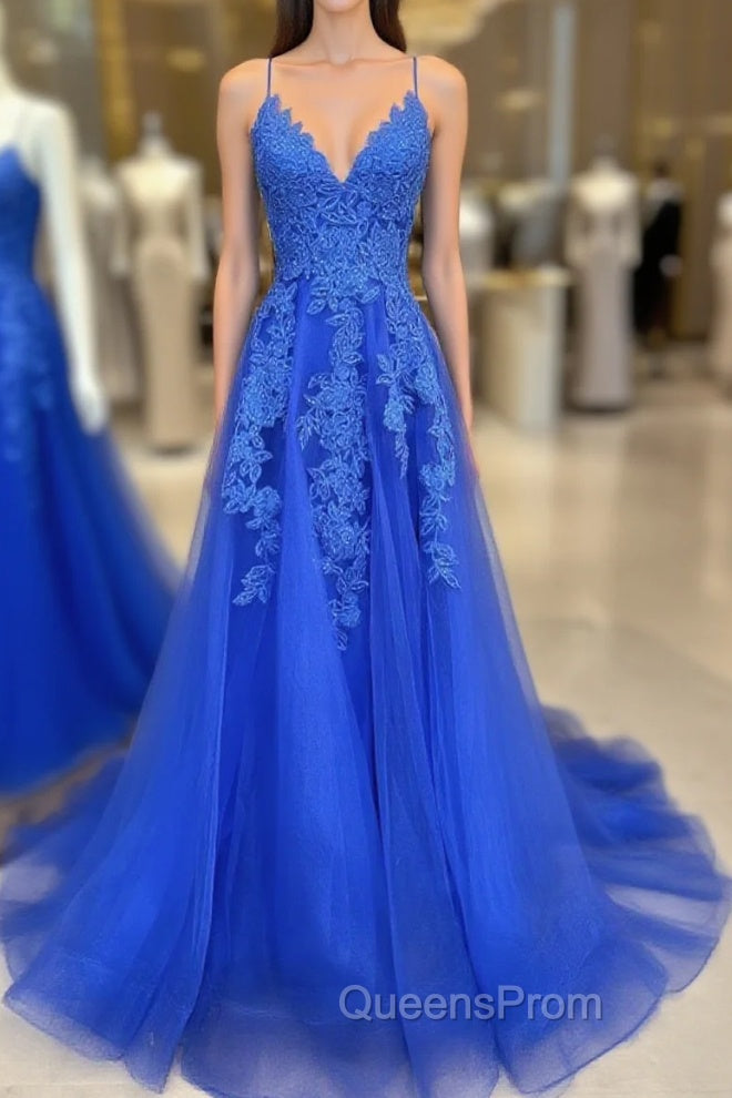 Blue V Neck Tulle Lace Long Evening Prom Dress, Blue Tulle Evening Dress Main image