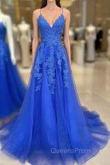 Blue V Neck Tulle Lace Long Evening Prom Dress, Blue Tulle Evening Dress