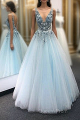 Blue v neck tulle lace long Evening Prom Dress blue tulle formal Dress