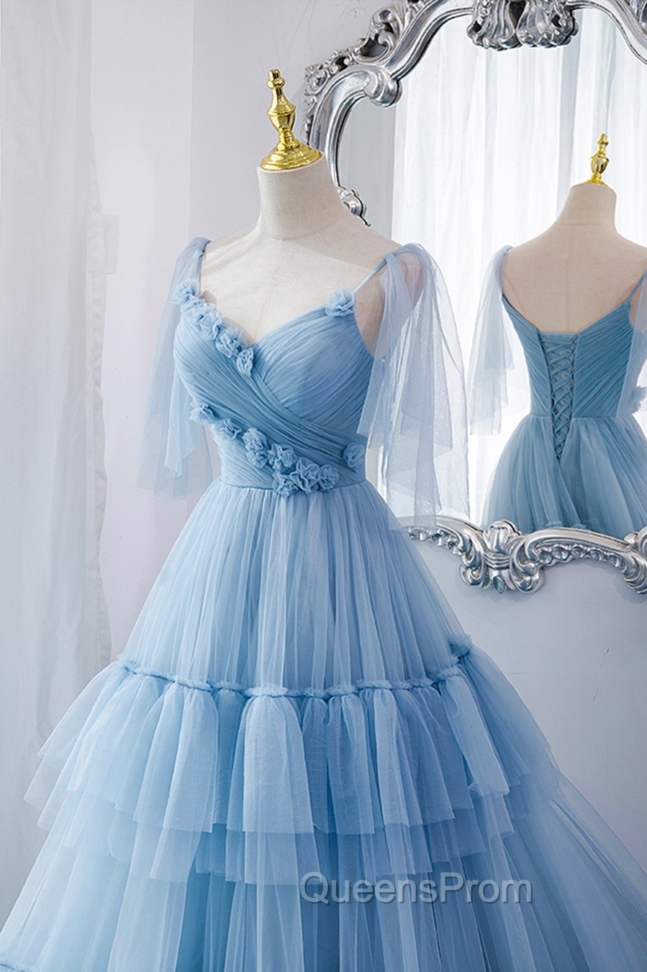 Blue V-Neck Tulle Long Evening Prom Dress, A-Line Evening Party Dress Secondary image