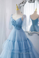 Blue V-Neck Tulle Long Evening Prom Dress, A-Line Evening Party Dress