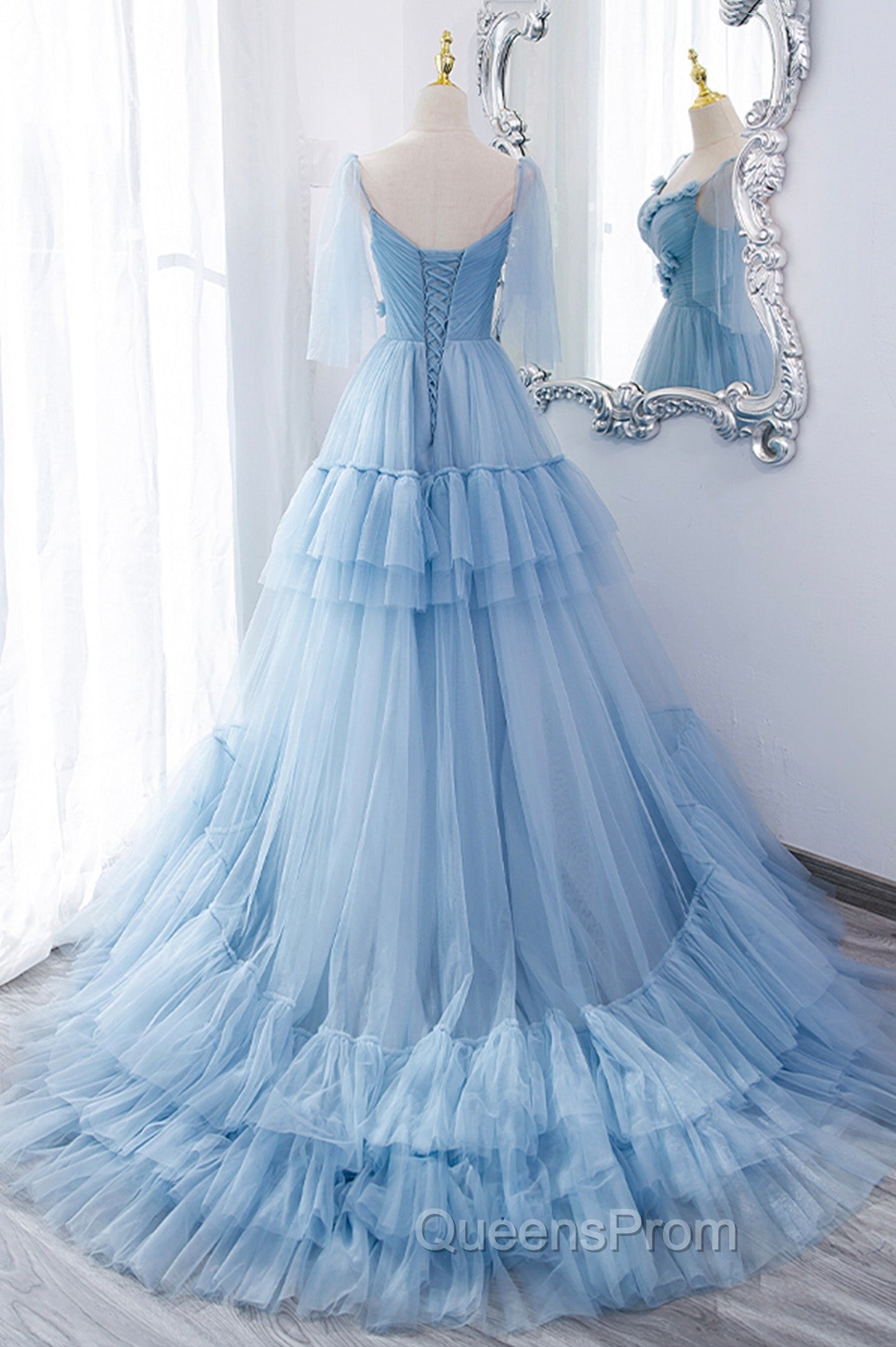 Blue V-Neck Tulle Long Evening Prom Dress, A-Line Evening Party Dress