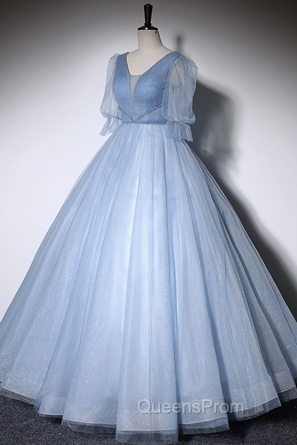 Blue V-Neck Tulle Long Evening Prom Dress, A-Line Evening Dress Secondary image