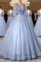 Blue V-Neck Tulle Long Evening Prom Dress, A-Line Evening Dress