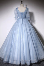 Blue V-Neck Tulle Long Evening Prom Dress, A-Line Evening Dress