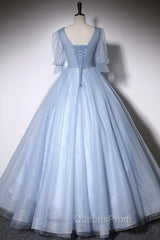 Blue V-Neck Tulle Long Evening Prom Dress, A-Line Evening Dress