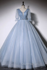 Blue V-Neck Tulle Long Evening Prom Dress, A-Line Evening Dress