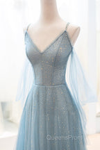 Blue V-Neck Tulle Long Evening Prom Dress, A-Line Spaghetti Strap Evening Dress