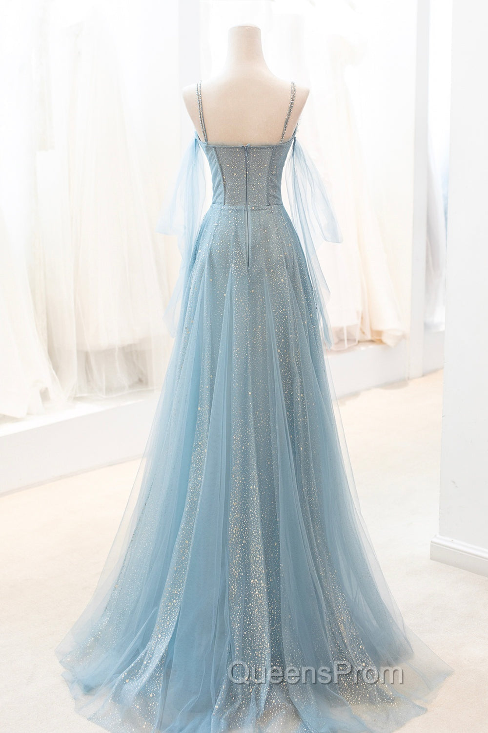 Blue V-Neck Tulle Long Evening Prom Dress, A-Line Spaghetti Strap Evening Dress Secondary image