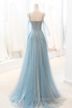 Blue V-Neck Tulle Long Evening Prom Dress, A-Line Spaghetti Strap Evening Dress