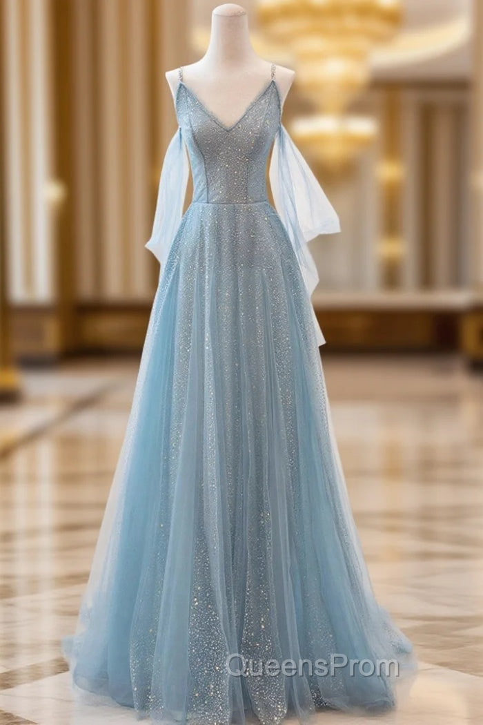 Blue V-Neck Tulle Long Evening Prom Dress, A-Line Spaghetti Strap Evening Dress Main image
