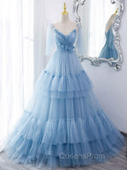 Blue v neck tulle long Evening Prom Dress, blue tulle Evening Dress