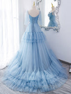 Blue v neck tulle long Evening Prom Dress, blue tulle Evening Dress