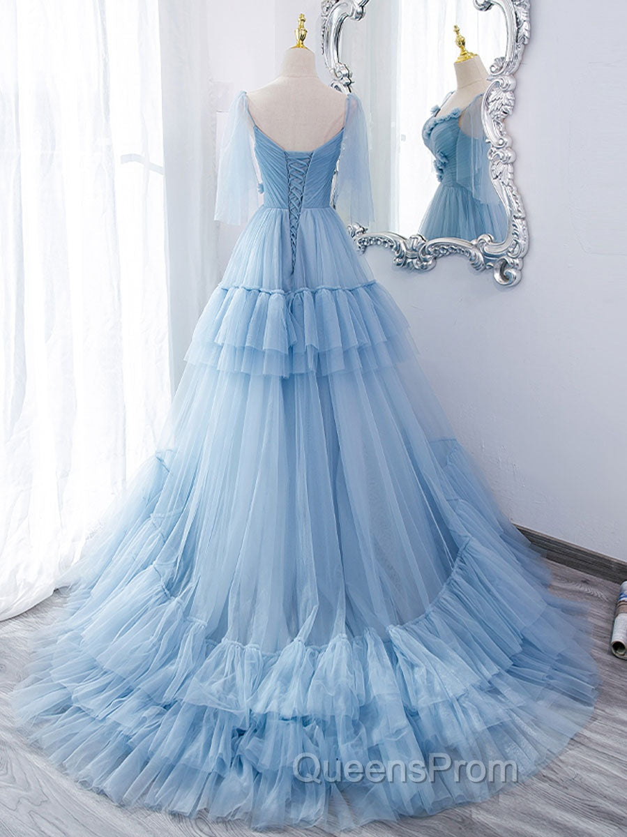 Blue v neck tulle long Evening Prom Dress, blue tulle Evening Dress