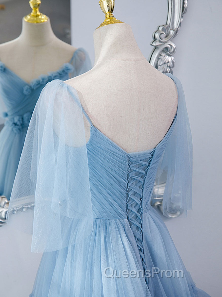 Blue v neck tulle long Evening Prom Dress, blue tulle Evening Dress